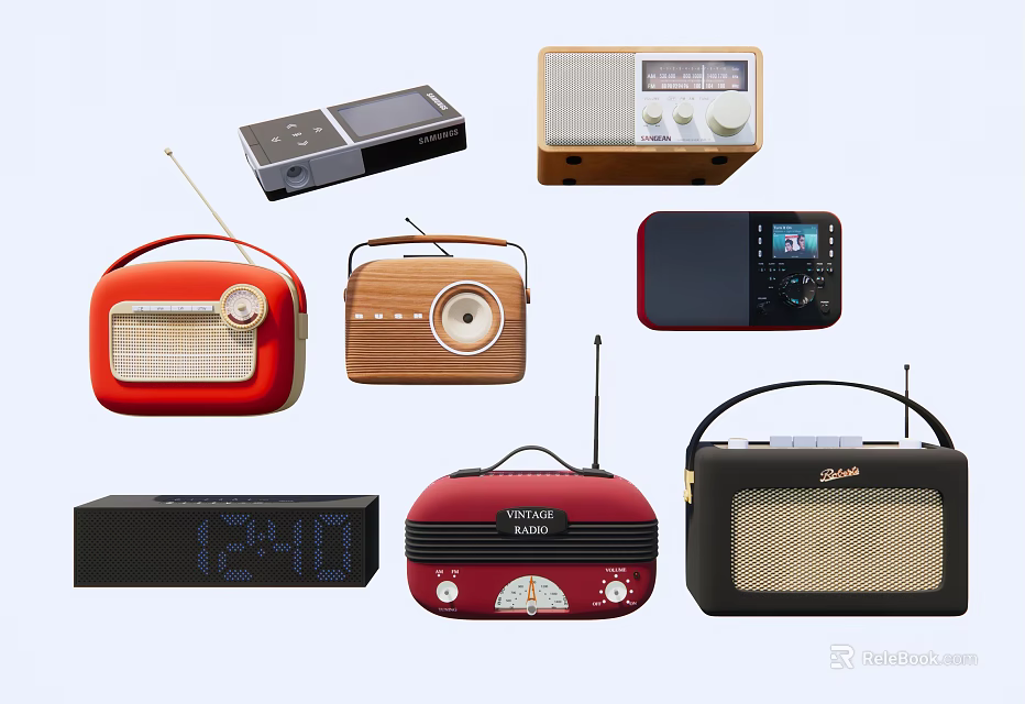 Vintage Audio Speakers With Retro Design Various Colors And Wooden Black Red Styles 3d model 