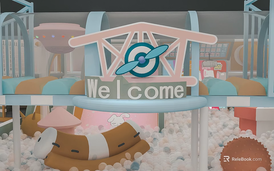 Kids Playground With Welcome Sign Ball Pit Airplane Propeller Soft Play Structures Pink Blue 3d model 