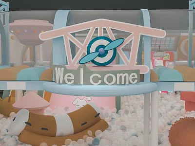 Kids Playground With Welcome Sign Ball Pit Airplane Propeller Soft Play Structures Pink Blue 3d model