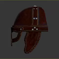 Red Medieval Helmet With Leather Trim And Metal Rivets Design
