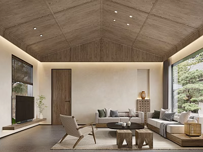 Modern Living Room With Wooden Ceiling Beige Walls Sofa Coffee Tables TV And Large Window 3d model