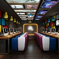 Modern Internet Cafe Interior With Multiple Computers Colorful Seats And Ceiling Screens 3d model