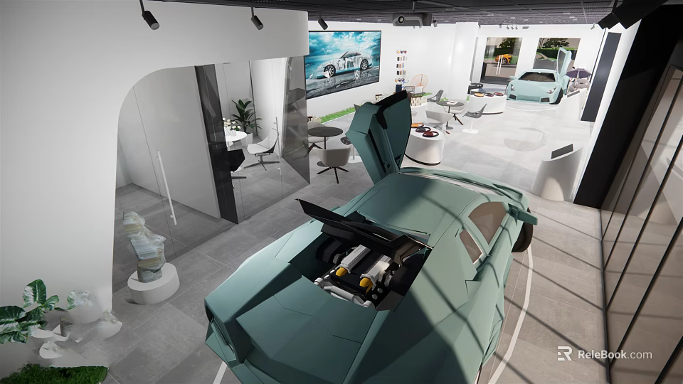 Modern Car Showroom Interior Featuring Green Sports Car With Open Hood Displaying Engine And Sofas 3d model 