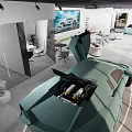 Modern Car Showroom Interior Featuring Green Sports Car With Open Hood Displaying Engine And Sofas