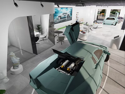 Modern Car Showroom Interior Featuring Green Sports Car With Open Hood Displaying Engine And Sofas 3d model