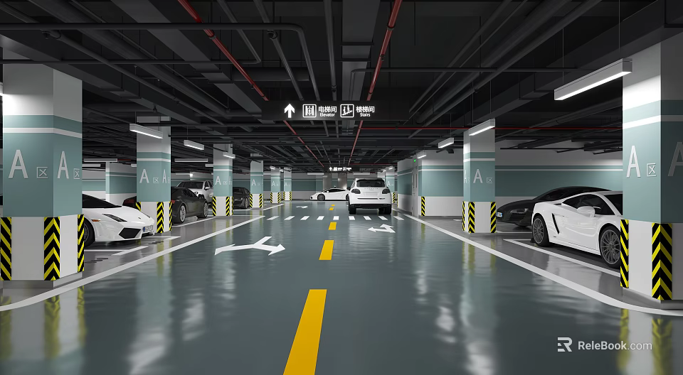 Modern Indoor Parking Garage With Clear Lane Markings Directional Signs And Parked Cars 3d model 