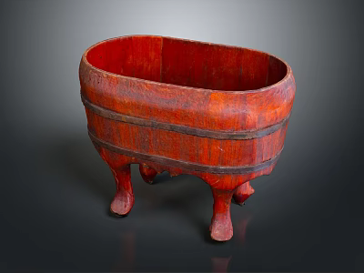 Traditional Red Wooden Washing Tub With Three Legs For Daily Washing Use 3d model