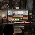 Entertainment Room Setup With Multiple Monitors Scenic Displays Art Posters And Potted Plant