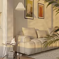 Cream Colored Leather Multi Person Sofa In Living Room With Floor Lamp And Decorative Paintings