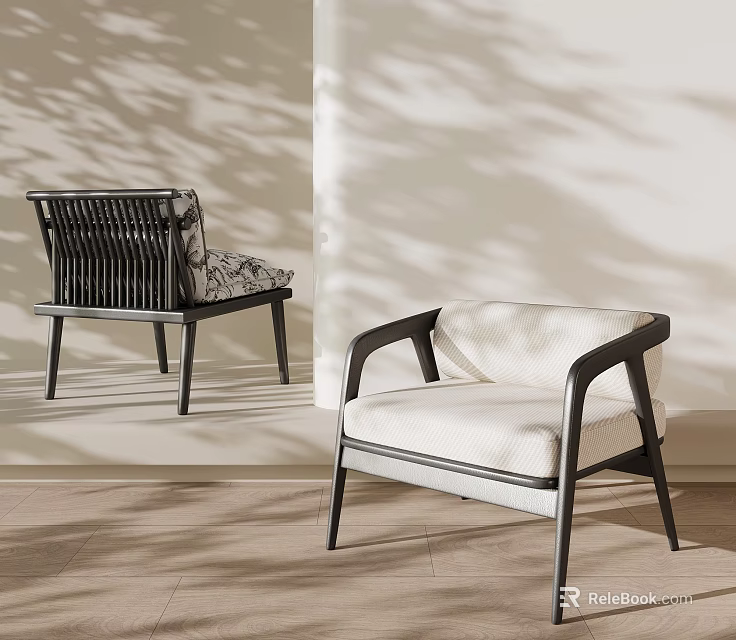 Modern Leisure Chairs With Black Frame And White Cushion In Living Room With Soft Shadows 3d model 