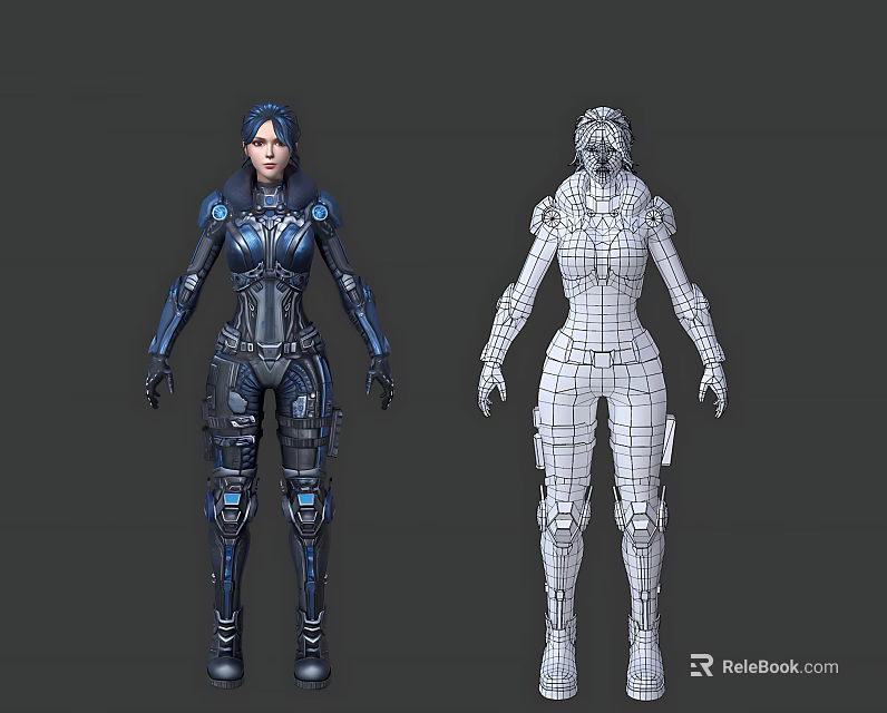 Detailed Female 3D Character With Blue Armor And Wireframe Model Design 3d model 