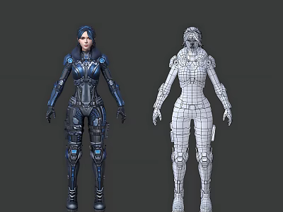 Detailed Female 3D Character With Blue Armor And Wireframe Model Design 3d model