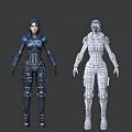 Detailed Female 3D Character With Blue Armor And Wireframe Model Design