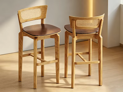 Modern Wooden Bar Stools With Rattan Backrest And Leather Seat Design 3d model