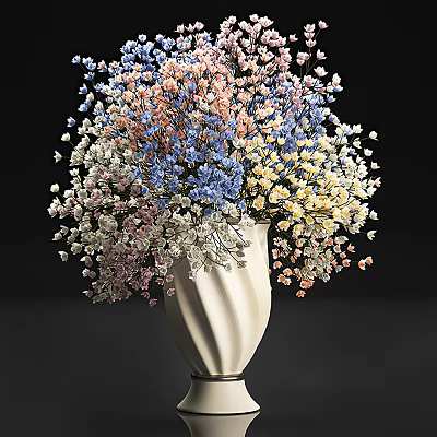 White Spiral Vase With Colorful Mixed Flowers Including Blue Pink Yellow And White Blooms 3d model