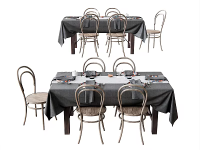 Dining Table Set With Black Tablecloth Curved Back Chairs And Tableware 3d model