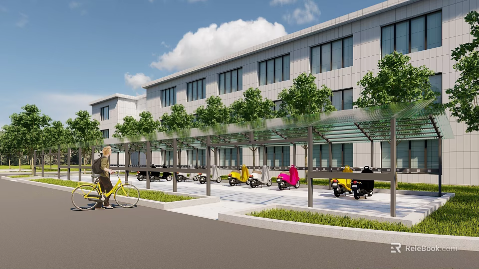 Modern Building Canopy For Electric Vehicles And Bicycles Parking Area With Trees 3d model 
