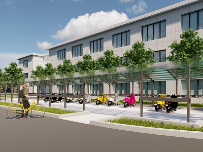 Modern Building Canopy For Electric Vehicles And Bicycles Parking Area With Trees 3d model