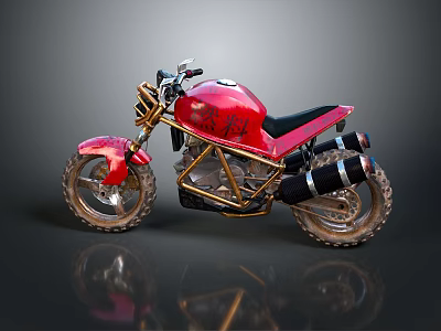 Stylish Red Motorcycle Featuring Gold Frame Black Seat And Dual Exhaust Pipes 3d model