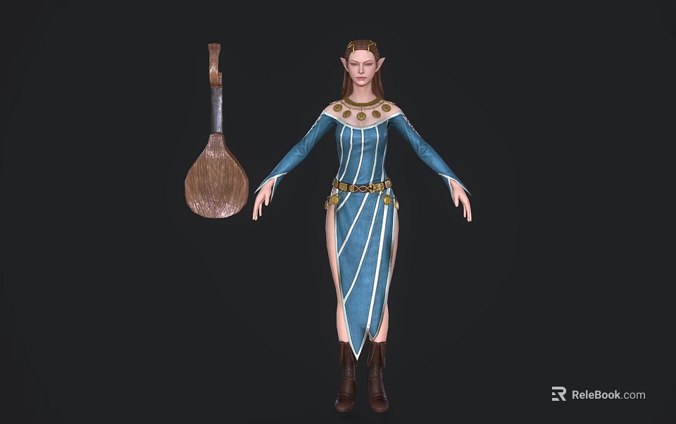 Elven Female Character In Blue Dress With Golden Decorations And Wooden Lute 3d model 