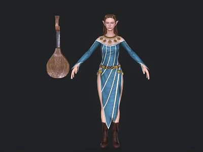 Elven Female Character In Blue Dress With Golden Decorations And Wooden Lute 3d model