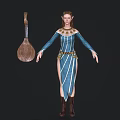 Elven Female Character In Blue Dress With Golden Decorations And Wooden Lute