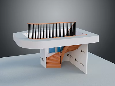 Modern Wooden Staircase With Black Railing And Open Upper Platform Structure 3d model
