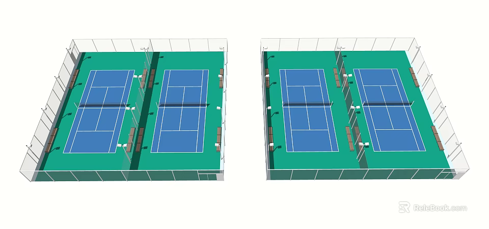 Two Outdoor Tennis Courts Layout With Green Surfaces Blue Courts And Fencing 3d model 