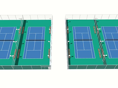 Two Outdoor Tennis Courts Layout With Green Surfaces Blue Courts And Fencing 3d model