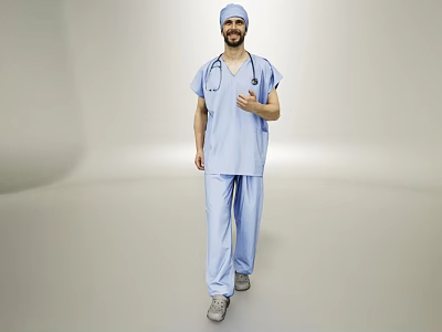 Man in Light Blue Medical Scrubs with Surgical Cap Stethoscope and Thumbs Up 3d model
