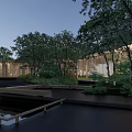 Modern Garden Landscape With Wooden Structure Water Pool And Stone Platform