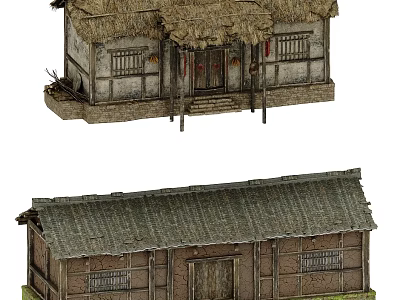 Traditional Thatched House Exterior With Wooden Structure And Thatched Roof Design 3d model