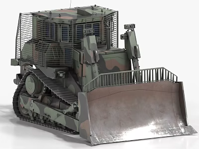 Camouflaged Tracked Bulldozer Utility Vehicle with Reinforced Cabin and Heavy Duty Blade 3d model