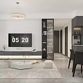Minimalist Dining and Living Room With Black Sofa White Coffee Tables Pendant Lights Textured Art