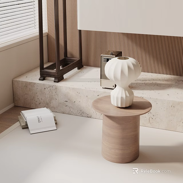 Modern Wooden Side Table With White Decorative Lamp And Books On Stone Steps 3d model 