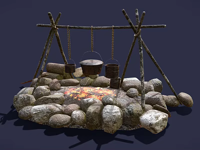 Outdoor Garden Feature With Stone Circle Fire Pit And Wooden Frame Hanging Metal Buckets 3d model