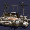 Outdoor Garden Feature With Stone Circle Fire Pit And Wooden Frame Hanging Metal Buckets