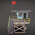 Wooden Watchtower With Red Flag Open Platform Wooden Staircase And Yellow Railing