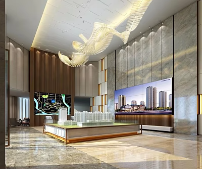 Luxury Modern Sales Office Interior Design With Display Model Large Screen And Decorative Pendant Lighting 3d model