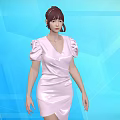 A woman in pink dress with puffed sleeves against blue geometric background and high heels