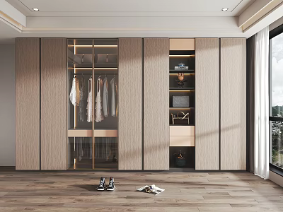Modern Wardrobe Interior Design With Wooden Sliding Doors Hanging Clothes Drawers And Open Shelves 3d model