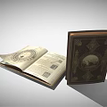 Vintage Books With Decorative Cover And Open Pages Featuring Old Text And Circular Illustration