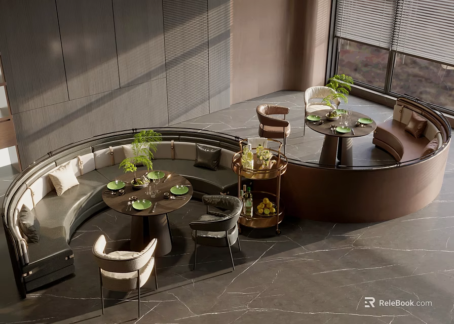 Curved Booth Sofa In Modern Lounge Area With Round Tables Accent Chairs And Green Plants 3d model 