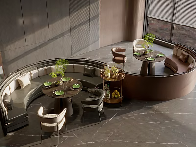 Curved Booth Sofa In Modern Lounge Area With Round Tables Accent Chairs And Green Plants 3d model