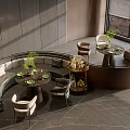 Curved Booth Sofa In Modern Lounge Area With Round Tables Accent Chairs And Green Plants