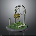 Decorative Miniature Scene With Arch Columns Golden Spiral Green Blocks And Stone Pieces