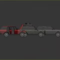 Gray Camouflage Green and Red Toy Cars with Open Doors Displayed on Dark Surface