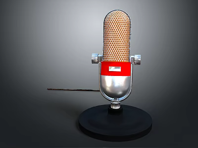 Vintage Microphone Household Item With Metal Mesh Red Accent Silver Base And Black Cable 3d model
