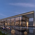 Modern Sales Office Building With Glass Curtain Wall Reflective Pool And Landscaped Gardens