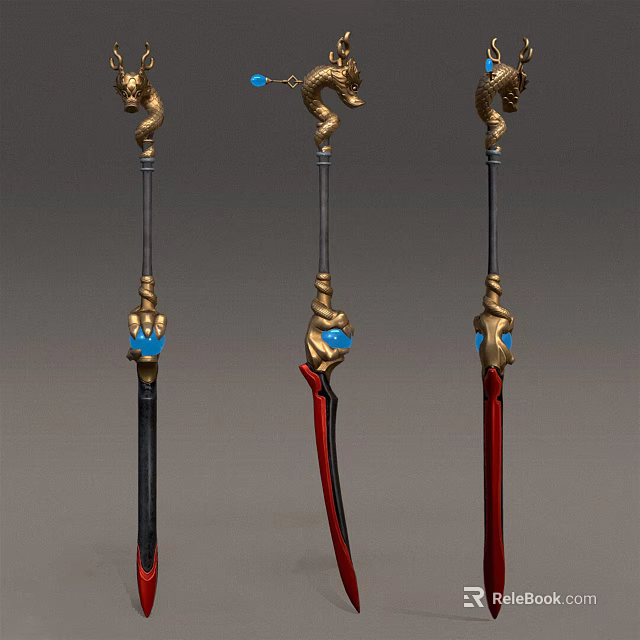 Three Decorative Weapons With Golden Dragon Design Blue Gemstones And Red Black Handles 3d model 